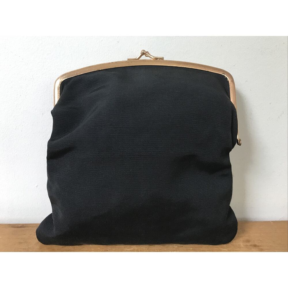 Vintage Budd Leather Womens Fabric Black Clasp Clutch w Mini Bag Change Purse 9"
